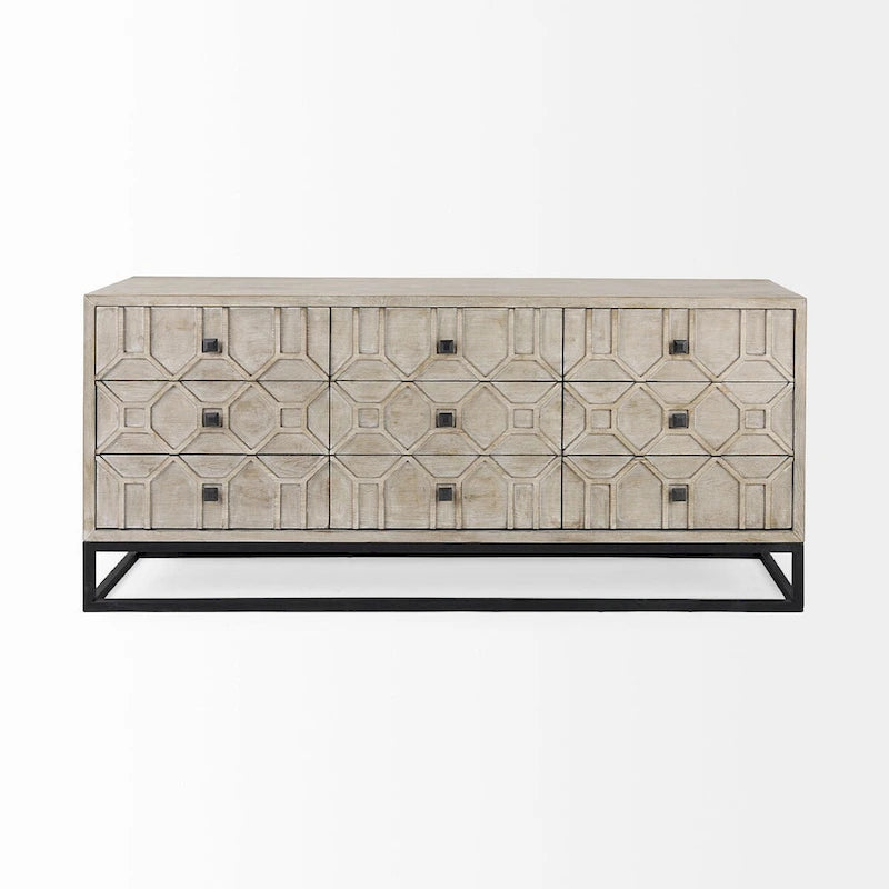 Gray Fir Veneer with Gold Metal Frame Base 9 Drawer Sideboard
