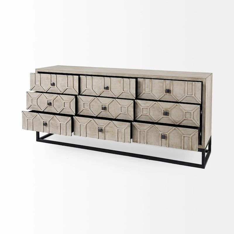 Gray Fir Veneer with Gold Metal Frame Base 9 Drawer Sideboard