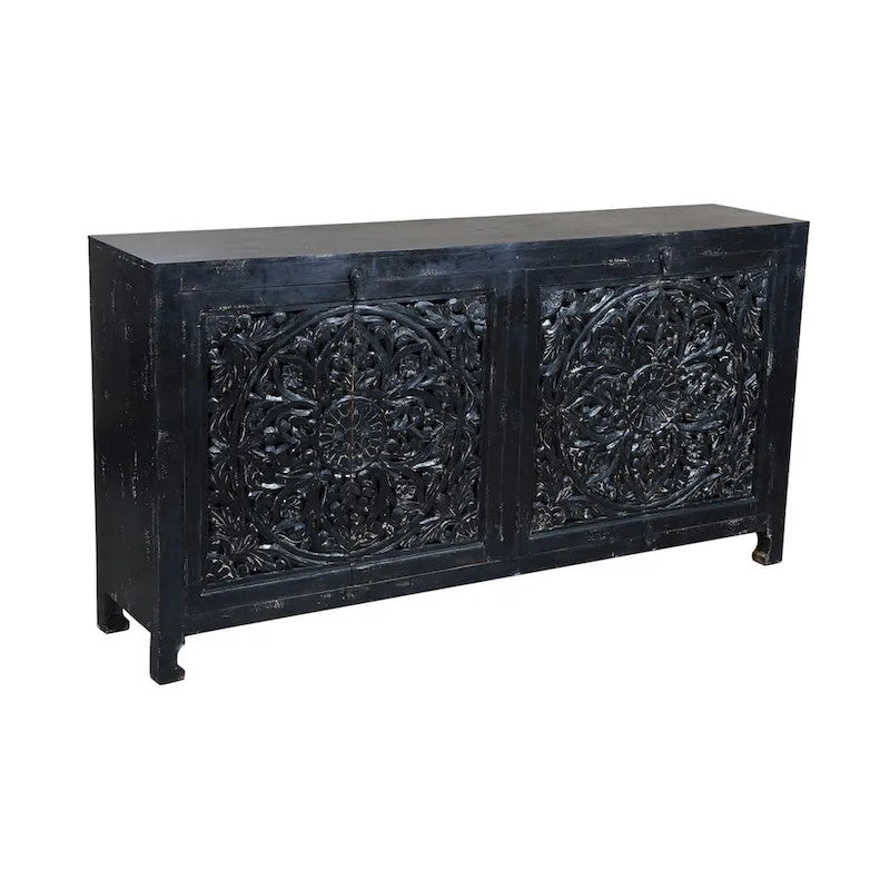 Black Hand Carved 4 Door Sideboard Cabinet