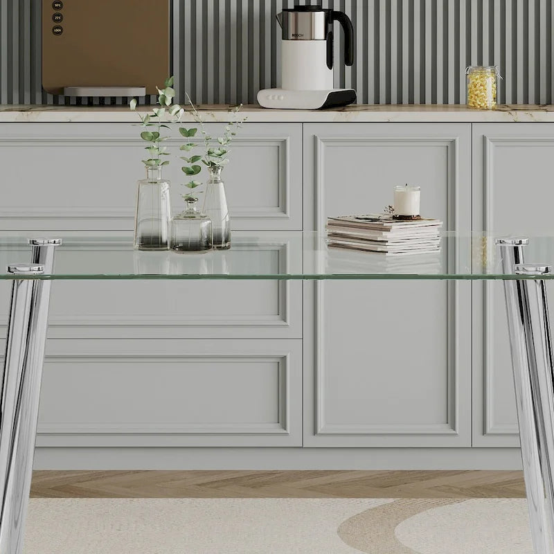0.32 Thick Tempered Glass Top Dining Table with Stainless Steel Legs for Small Space, Dining Room