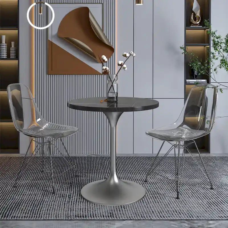 27 Round Dining Table with Stone Tabletop and Brushed Chrome Base for Kitchen and Dining Room