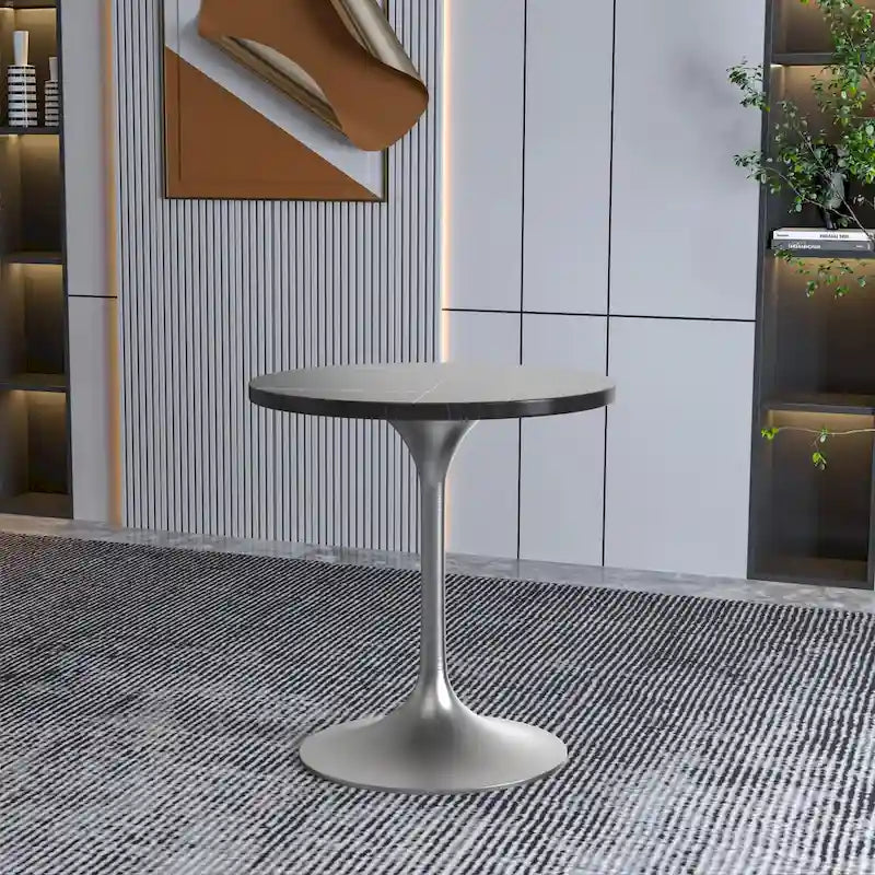 27 Round Dining Table with Stone Tabletop and Brushed Chrome Base for Kitchen and Dining Room