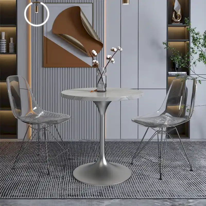 27 Round Dining Table with Stone Tabletop and Brushed Chrome Base for Kitchen and Dining Room