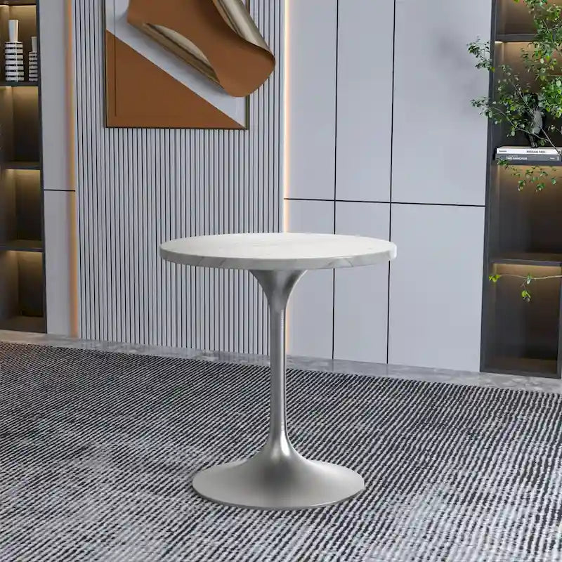 27 Round Dining Table with Stone Tabletop and Brushed Chrome Base for Kitchen and Dining Room
