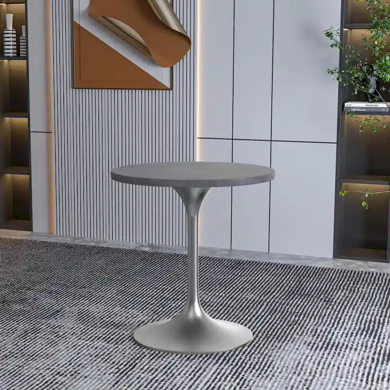 27 Round Dining Table with Stone Tabletop and Brushed Chrome Base for Kitchen and Dining Room
