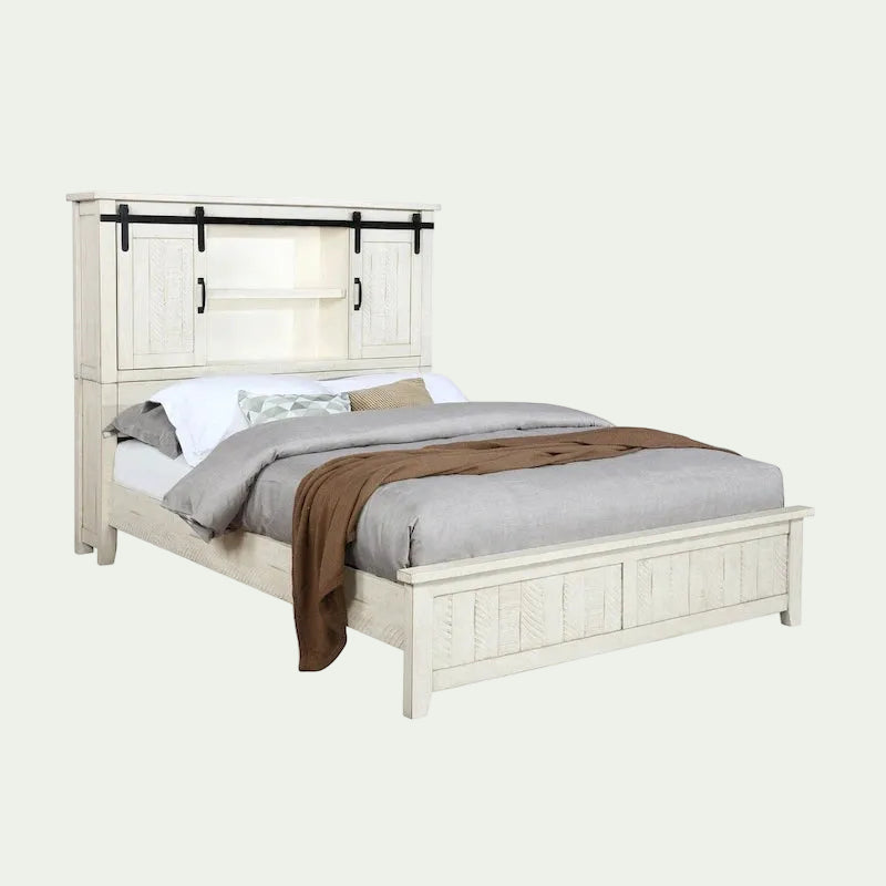 Vilo Home Modern Western White Solid Wood Bed with Storage Headboard