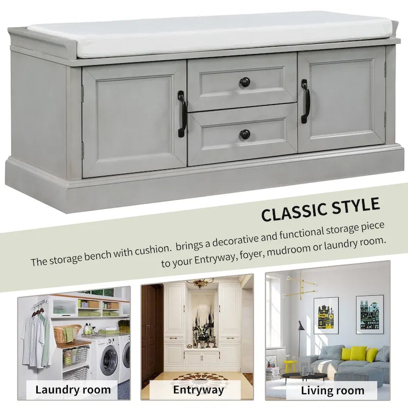 Storage Bench with 2 Drawers and 2 Cabinets