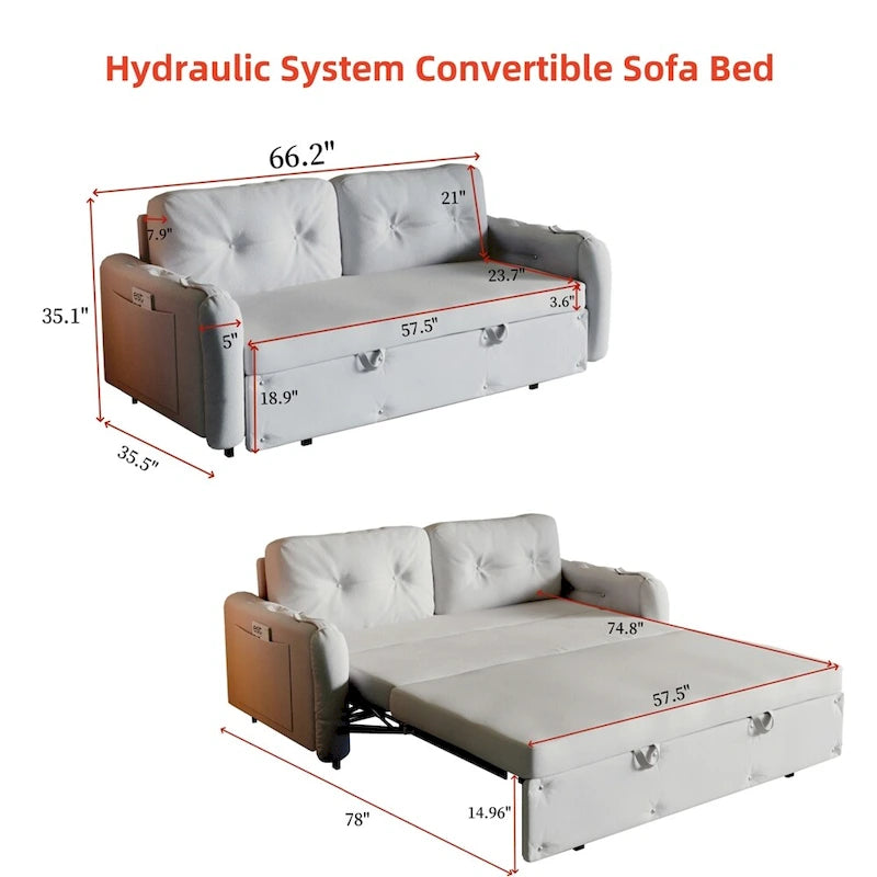 66.2Queen Pull Out Sofa Bed, Hydraulic System Convertible Sleeper Sofa