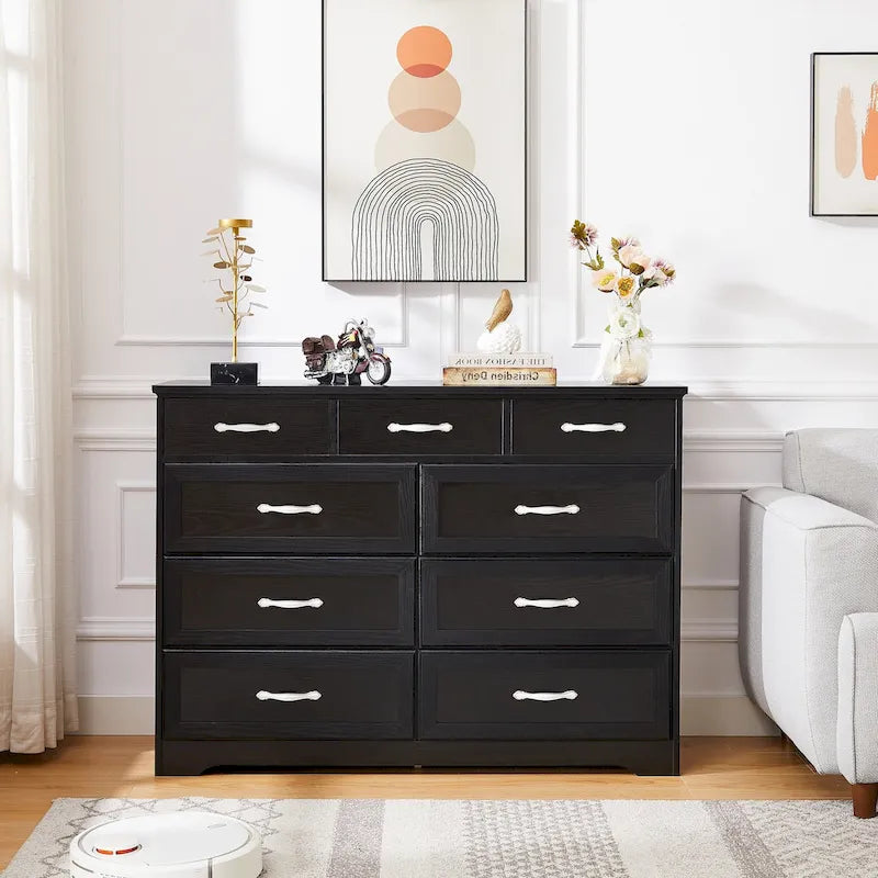 Bedroom Dresser, 9 Drawer Long Dresser with Antique Handles, Wood Chest of Drawers for Kids Room, Living Room, Entry and Hallway