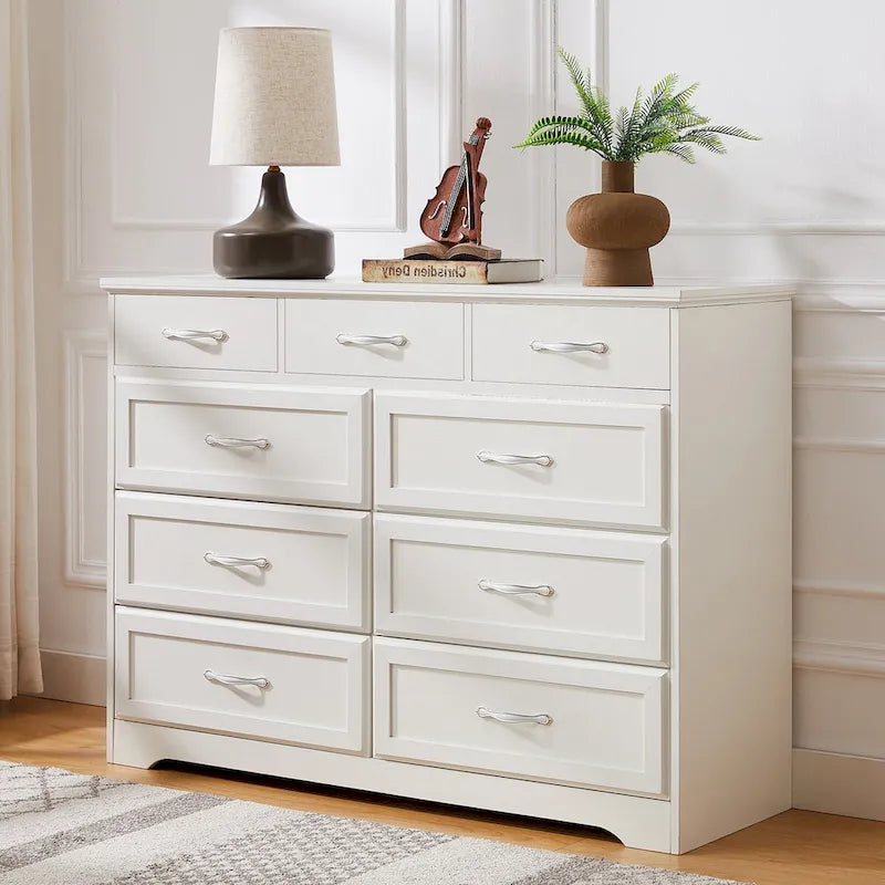Bedroom Dresser, 9 Drawer Long Dresser with Antique Handles, Wood Chest of Drawers for Kids Room, Living Room, Entry and Hallway