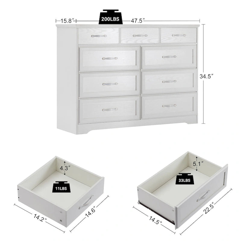 Bedroom Dresser, 9 Drawer Long Dresser with Antique Handles, Wood Chest of Drawers for Kids Room, Living Room, Entry and Hallway