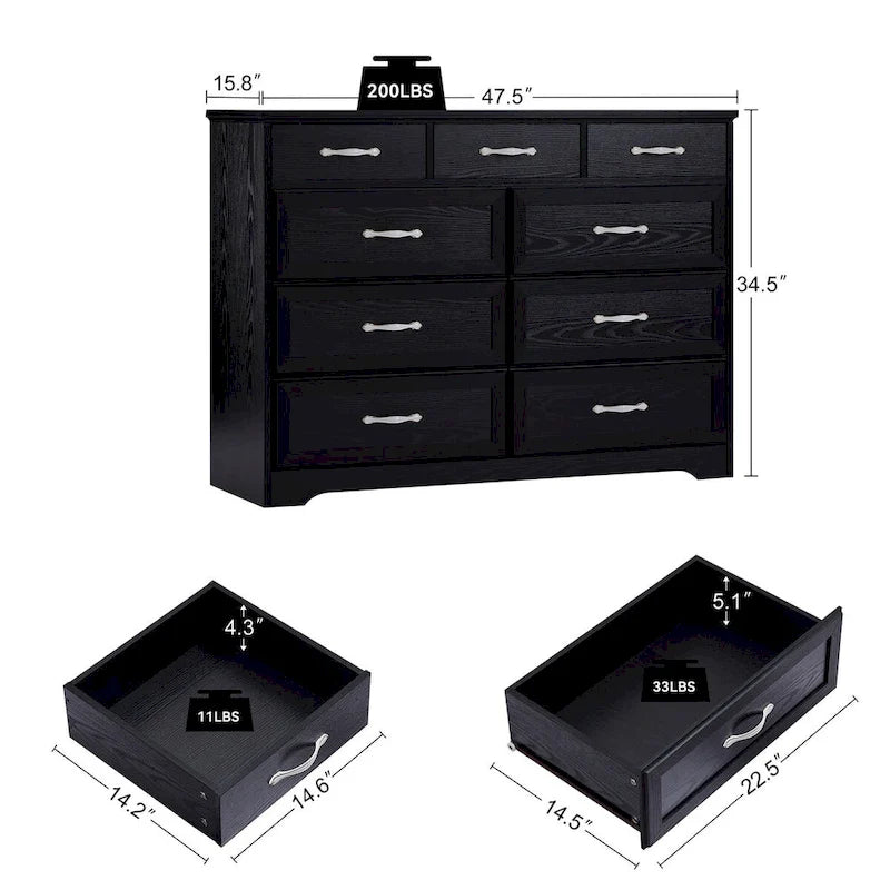 Bedroom Dresser, 9 Drawer Long Dresser with Antique Handles, Wood Chest of Drawers for Kids Room, Living Room, Entry and Hallway