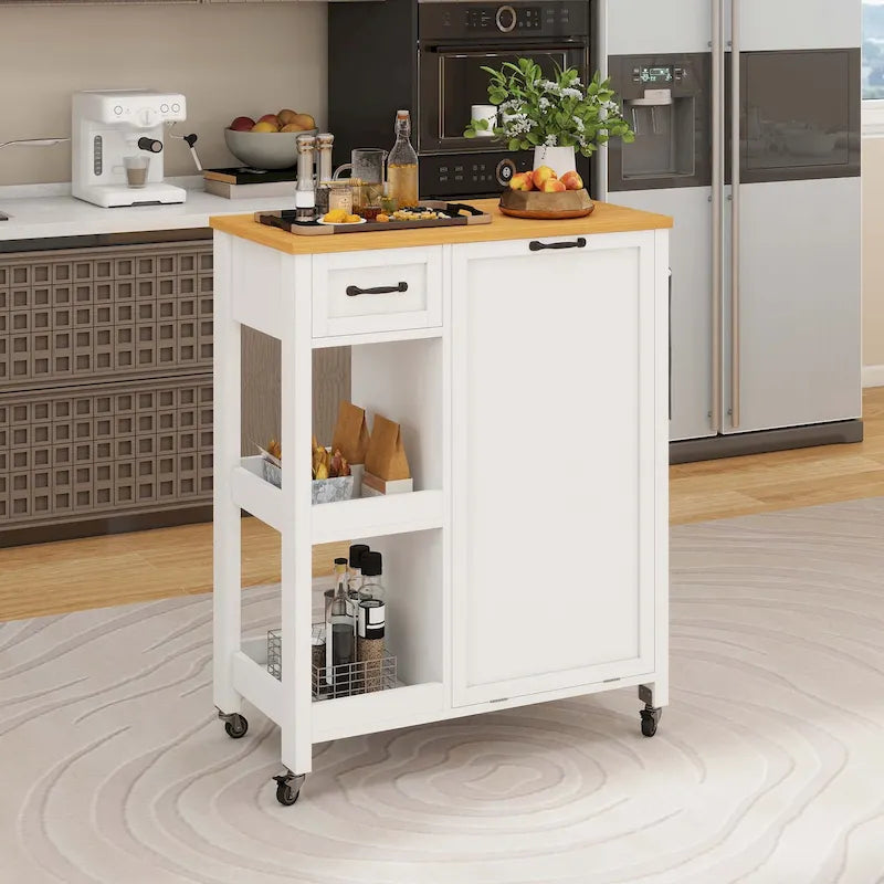 Kitchen Island Cart on Wheels with Trash Can Storage Cabinet