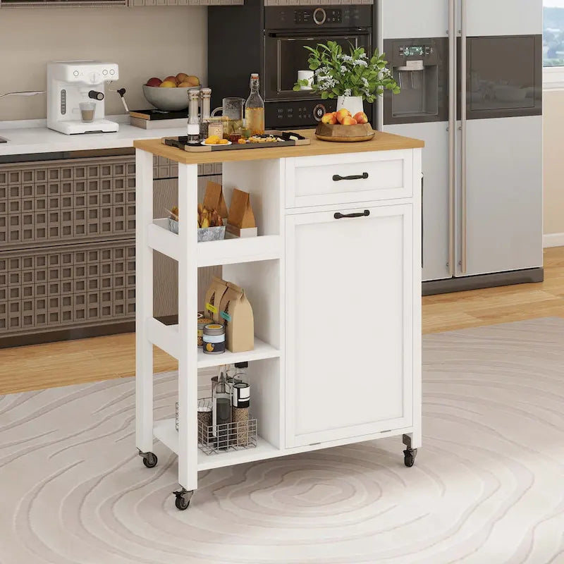 Kitchen Island Cart on Wheels with Trash Can Storage Cabinet