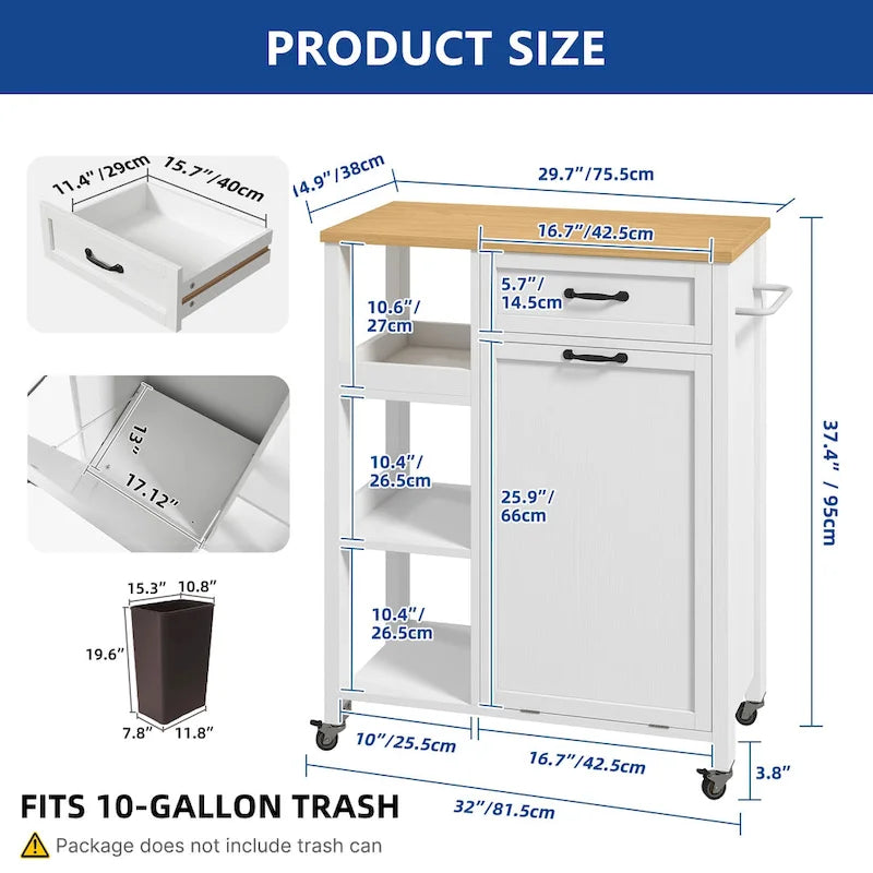 Kitchen Island Cart on Wheels with Trash Can Storage Cabinet