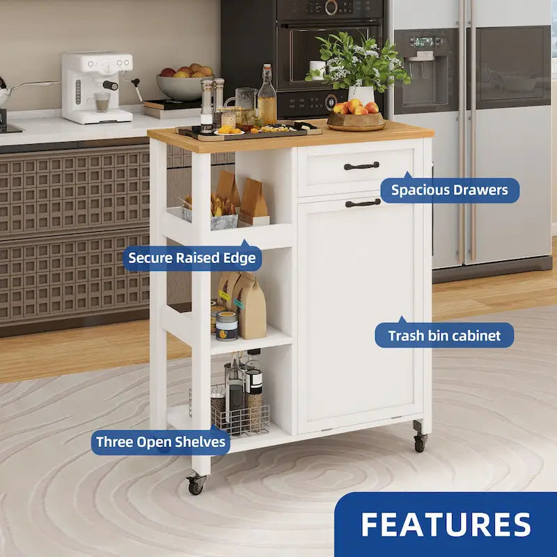 Kitchen Island Cart on Wheels with Trash Can Storage Cabinet