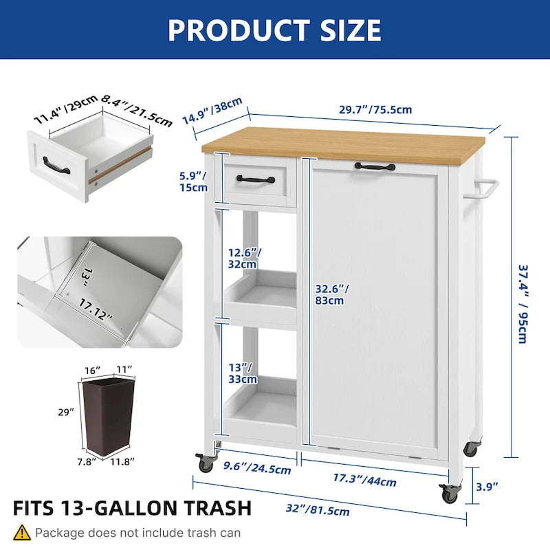 Kitchen Island Cart on Wheels with Trash Can Storage Cabinet