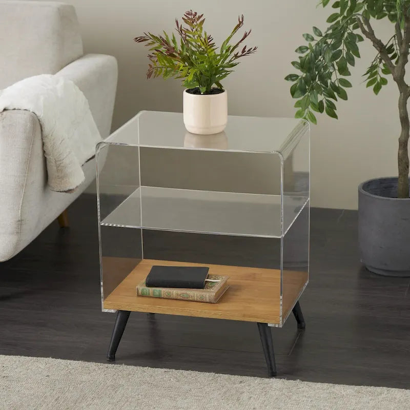 Acrylic Plastic 1 Shelf Side End Accent Table with Wood Base and Black Legs - Clear