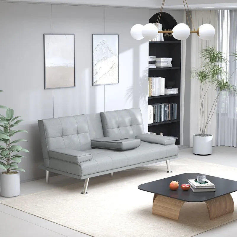 Convertible Folding Sofa Bed with Leather Upholstery